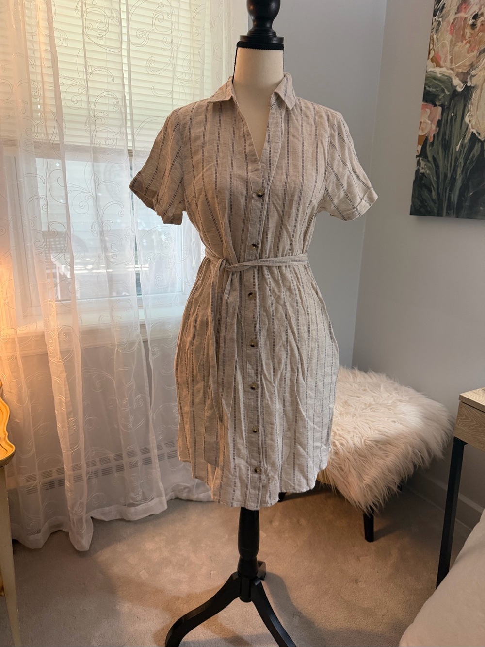 NWT-Striped Short-Sleeve Shirt Dress with Waist Tie - Cream